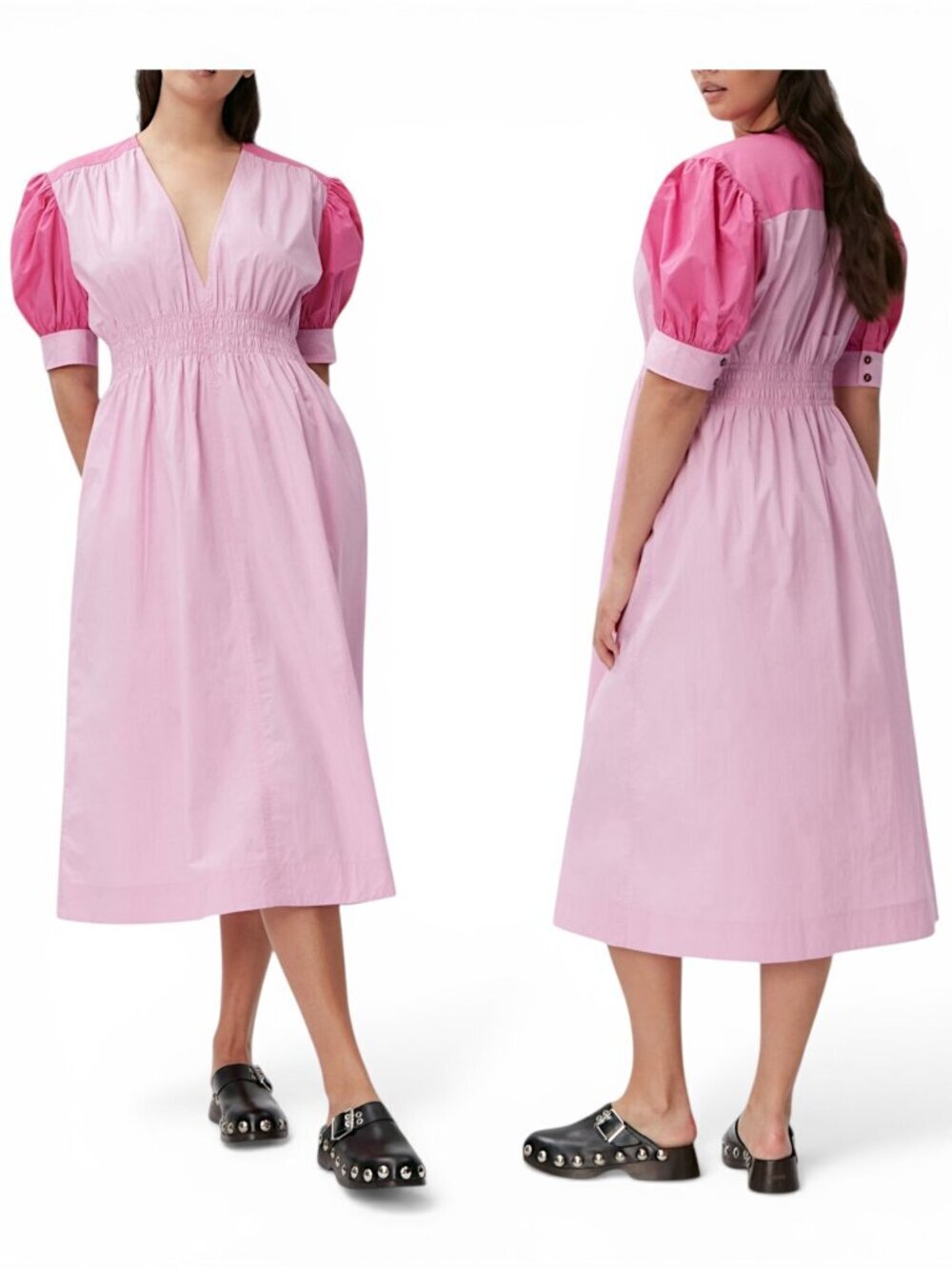 Ganni Poplin V-Neck Midi Dress Phlox Pink Puff Sleeve Colorblock NWT New 34 / 2